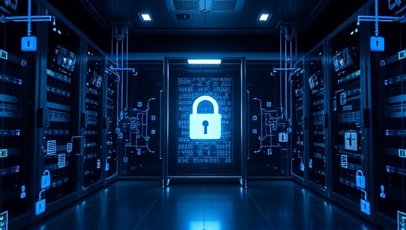 A futuristic and secure server room concept with blockchain technology symbols, encrypted data streams, and digital locks, illustrating the cutting-edge and secure hosting solutions provided by BlockHost Secure for websites seeking advanced cybersecurity measures.