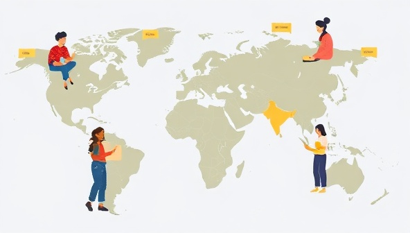 An engaging digital illustration featuring diverse avatars engaging in language exchange sessions and cultural activities within a virtual world map, symbolizing global connectivity and language learning experiences on LingoLink Exchange.