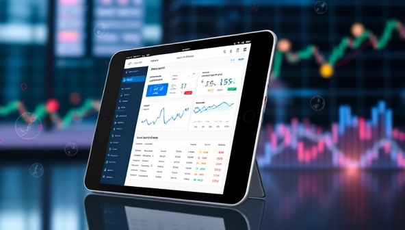 A modern visual featuring a tablet screen displaying the PortfoTrack App interface, showcasing colorful graphs, investment performance charts, and personalized portfolio recommendations, with a backdrop of financial symbols and market trends, conveying a sense of data-driven insights and investment management efficiency.