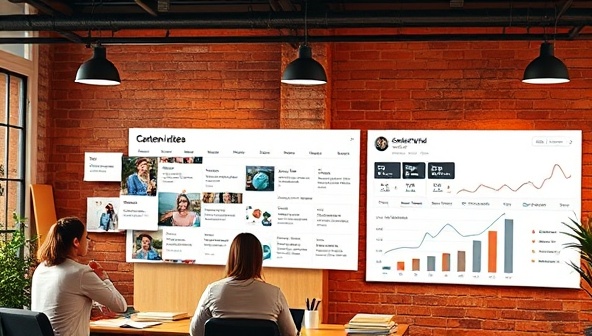 A creative workspace with a diverse team brainstorming content ideas, a content calendar with various formats and distribution channels, and a social media analytics dashboard showing increased engagement and reach, symbolizing creativity and impact.