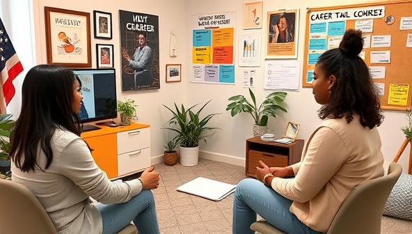 A virtual career coaching office setup with a professional coach guiding a client through a mock interview, surrounded by career development resources, inspirational posters, and a vision board, creating a motivational and supportive environment for career exploration and growth in a digital space.