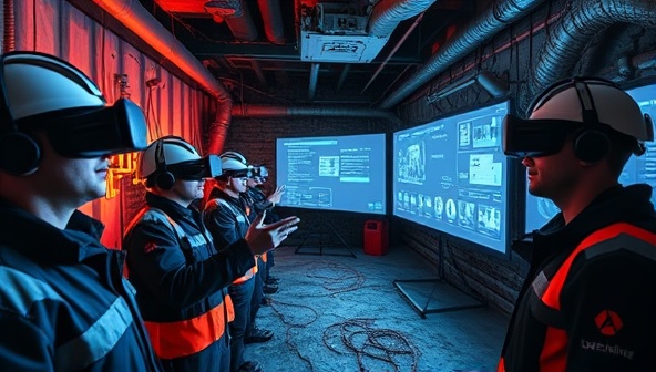 An immersive virtual reality scene depicting miners undergoing safety training simulations in a digital mine environment, wearing VR headsets and interacting with safety protocols, emphasizing the realism and effectiveness of virtual mine safety training offered by SafeMine Academy.
