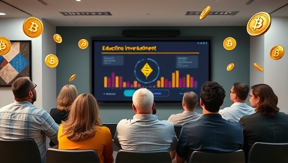 An engaging online webinar scene with a diverse group of people watching a presentation on cryptocurrency investments, with digital currency symbols floating around, representing the educational aspect of the business.