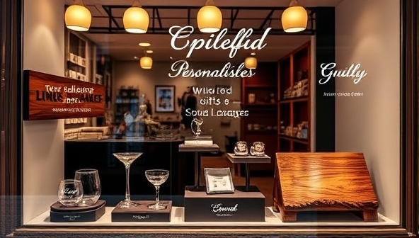 An elegantly designed storefront window display featuring a range of personalized gifts, including engraved glassware, custom jewelry, and handcrafted wooden keepsakes, inviting passersby to explore unique gifting options.