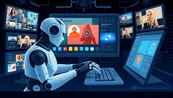 An illustration of a futuristic AI robot typing on a computer keyboard, surrounded by digital screens displaying various types of content, symbolizing advanced technology in content creation.