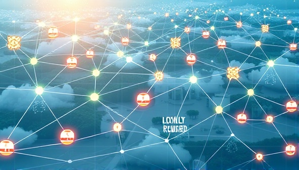 An interconnected blockchain network visualized in a digital landscape, with loyalty reward tokens flowing securely between businesses and customers, symbolizing the transparent and decentralized nature of the loyalty program powered by blockchain technology.