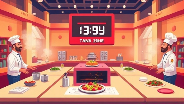 An engaging illustration of a virtual cooking challenge arena with chefs in action, cooking stations equipped with ingredients and utensils, and a timer ticking down, capturing the competitive and interactive nature of the online platform.