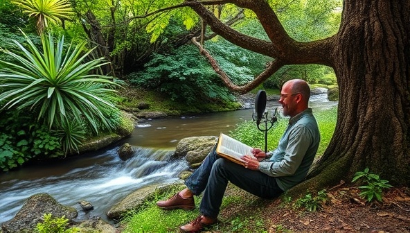 A serene nature setting with lush greenery, a flowing stream, and a poet sitting under a tree, penning verses in a notebook while recording a podcast episode, capturing the essence of poetic inspiration in the wilderness.