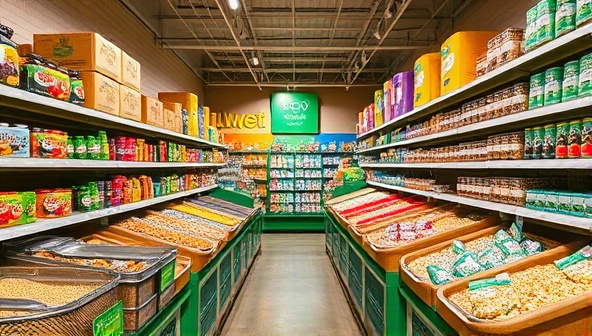 An inviting and colorful zero-waste grocery store interior with rows of bulk food bins, reusable containers, and eco-friendly product displays, showcasing a sustainable shopping environment that promotes waste reduction and conscious consumer choices.