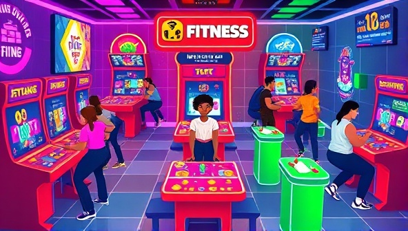 A colorful digital illustration featuring diverse avatars engaging in various fitness games within a virtual arcade setting, showcasing the fun and interactive nature of the platform, with virtual rewards and achievements displayed prominently.