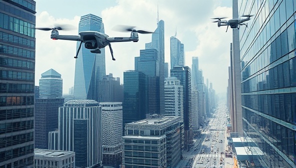 A futuristic cityscape with drones flying overhead, delivering packages to high-rise buildings and bustling streets, showcasing the innovative and efficient delivery system provided by SkyDrop Express, revolutionizing urban logistics and transportation.