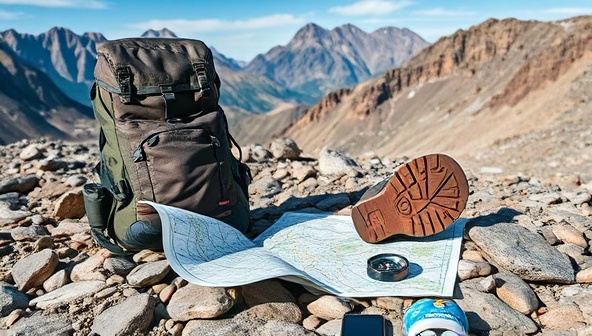 An exciting outdoor scene with a backpack, hiking boots, a compass, and a map laid out on a rocky terrain with a stunning mountain backdrop, evoking a sense of adventure and exploration.
