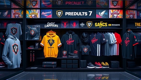 An eye-catching digital storefront showcasing a variety of e-sports merchandise items, including apparel, accessories, and gaming gear, with vibrant team logos and gaming graphics, creating a visually appealing and immersive shopping experience for e-sports fans on the platform.