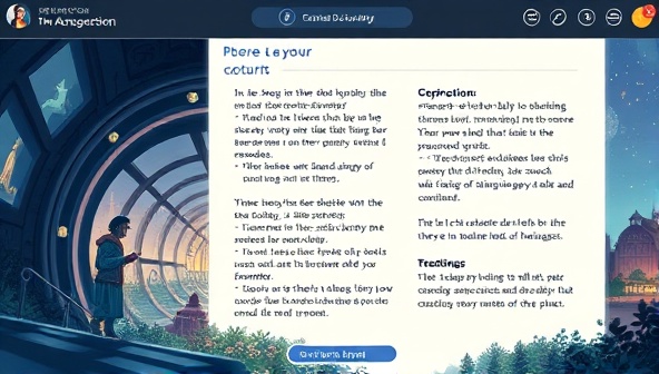 A modern digital interface showing a user navigating through a dynamic story with interactive decision points, featuring visually captivating illustrations and engaging text, immersing the reader in the narrative journey.