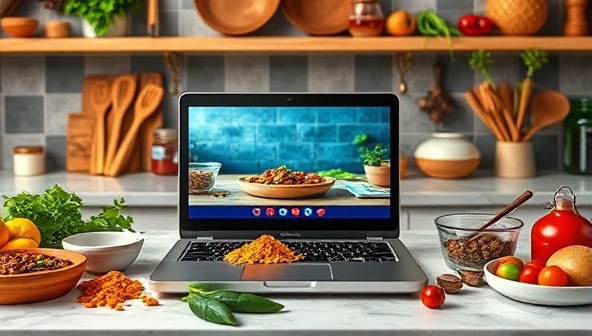 An enticing kitchen setup with a laptop showing a live cooking class, surrounded by colorful spices, fresh ingredients, and cooking utensils, creating a vibrant and interactive culinary experience.