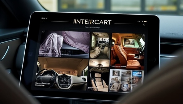 An elegant and sophisticated car interior design mood board displayed on a tablet screen, featuring luxurious fabrics, ambient lighting concepts, decorative accents, and ergonomic enhancements, inspiring clients with the bespoke and personalized interior styling possibilities offered by InteriorRevive Consult.
