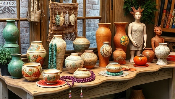 An engaging visual display showcasing a variety of handmade artisan products such as hand-painted pottery, beaded jewelry, woven textiles, and wooden sculptures, arranged on a rustic wooden table with soft lighting and natural elements in the background, evoking a sense of creativity and craftsmanship.