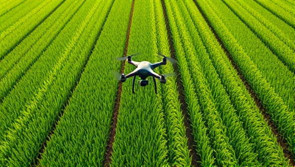 An aerial shot of a lush green farm field captured by a drone, showcasing the high-resolution imaging capabilities of AeroAgri Solutions for crop monitoring and precision agriculture applications.