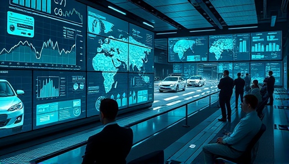 A futuristic office environment with large screens displaying real-time data of autonomous vehicle fleets in operation, alongside a team of professionals analyzing performance metrics and optimizing routes, symbolizing efficiency and cutting-edge technology.