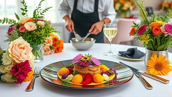 An elegant table setting with a gourmet dish adorned with colorful edible flowers, surrounded by fresh flower bouquets and a chef preparing a stunning culinary creation, illustrating the artistry and culinary appeal of edible flowers.