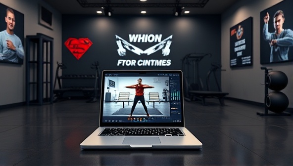 A sleek and modern virtual fitness studio setup with a laptop showing a live workout session, fitness equipment in the background, and motivational posters on the walls, creating an inspiring virtual training environment.