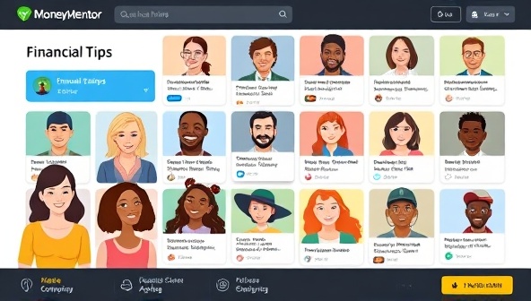 An interactive community forum interface featuring diverse avatars sharing financial tips, success stories, and advice in a vibrant and engaging online space, symbolizing the collective wisdom and collaborative spirit of MoneyMentor Collective.