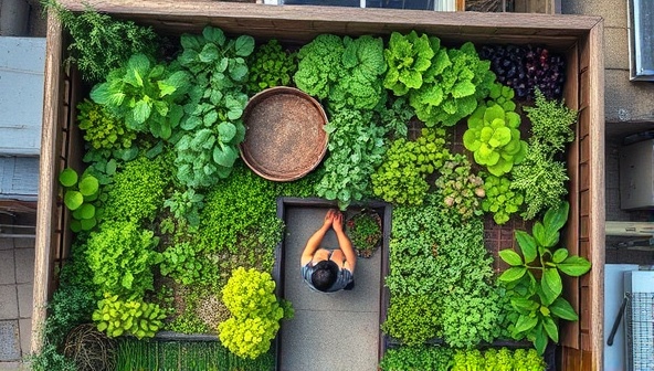 An aerial view of a vibrant urban rooftop garden filled with lush greenery, diverse crops, and community members tending to the plants together, illustrating a harmonious blend of nature and urban living.