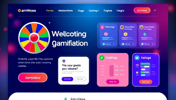 An engaging website layout mockup featuring interactive game elements like a spin wheel, quiz pop-ups, and progress bars, creating an immersive and playful browsing experience for visitors, symbolizing the gamification services offered by the business.