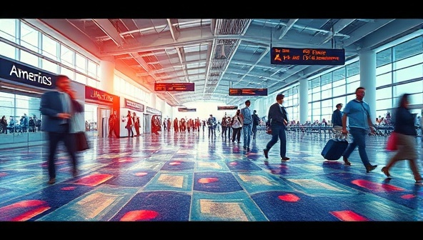 An artistic rendering of a bustling airport terminal with EcoStep Energy flooring, illustrating the seamless integration of the technology into the busy environment, capturing the movement and energy flow through vibrant colors and dynamic patterns.