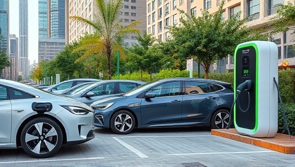 An urban landscape with a row of sleek electric vehicles charging at a modern charging station adorned with greenery, showcasing a clean and sustainable future for transportation.