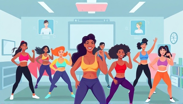 A dynamic digital illustration showcasing a diverse group of individuals participating in a virtual fitness class, featuring a mix of workout styles, motivational trainers, and interactive engagement tools, conveying the energy and inclusivity of a virtual fitness community in action.