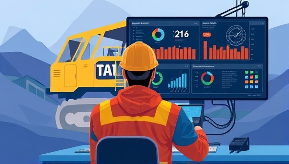An illustration of a technician monitoring mining equipment remotely through a digital interface, with real-time data analytics and diagnostic tools displayed on screens, symbolizing the efficiency and proactive nature of remote equipment maintenance services in the mining industry.