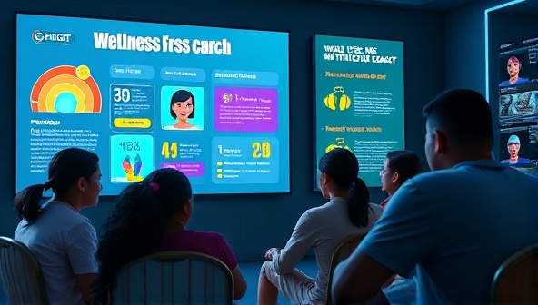 An engaging visual of a virtual wellness coach providing advice on nutrition and exercise to a group of gamers, with colorful infographics and fitness tips displayed on a digital screen, creating a vibrant and health-conscious atmosphere for the gaming community.