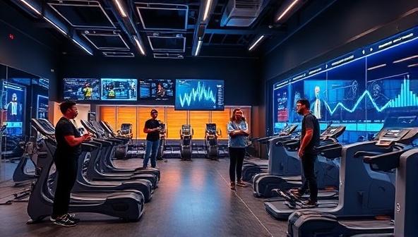 A gym interior with futuristic fitness equipment and digital screens displaying workout analytics and virtual training sessions, surrounded by fitness professionals discussing tech solutions and innovations, creating a high-tech and innovative fitness consultancy setting.