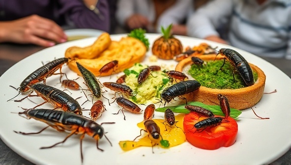An artistic display of colorful edible insects crawling on a plate next to gourmet dishes prepared with insect ingredients, surrounded by curious food enthusiasts and chefs exploring the culinary possibilities of entomophagy, promoting sustainability and culinary innovation.
