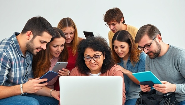 An inclusive and diverse group of individuals interacting with a website on various devices and assistive technologies, showcasing the universal design approach of InclusiveWebWorks in creating accessible and user-friendly web experiences for all users, highlighting inclusivity and equality in digital design.