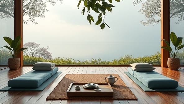 An inviting virtual retreat setting with a tranquil backdrop, virtual yoga mats, meditation cushions, and herbal tea sets arranged in a calming and serene atmosphere, inviting participants to unwind and rejuvenate.