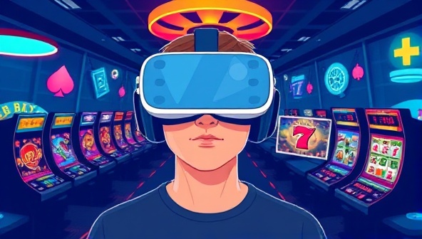 An illustration of a person wearing a VR headset with a casino-themed virtual environment around them, featuring digital slot machines, card tables, and other casino elements to convey the immersive experience of VR Casino Oasis.