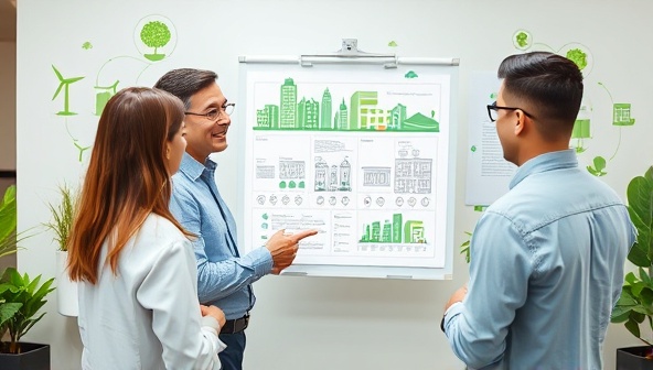 A professional consultant presenting a sustainable real estate blueprint to a group of engaged clients, with green energy icons and eco-friendly design elements in the background, illustrating the focus on environmental sustainability and innovation.