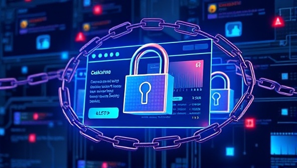 A futuristic representation of digital locks and chains encircling a website interface, symbolizing the blockchain-powered security features of BlockSafe Design, with glowing data blocks and encrypted elements illustrating the tamper-proof and transparent nature of the platform, ensuring utmost security for online assets.