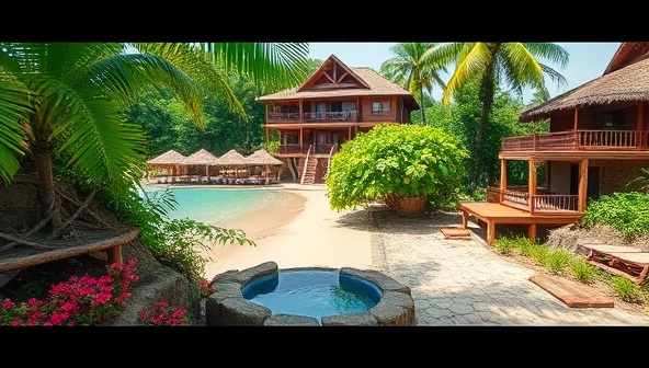 An earthy and natural scene of a sustainable travel destination, featuring lush greenery, clean beaches, and eco-friendly accommodations, symbolizing the essence of responsible and conscious travel advocated by Green Compass Travel.