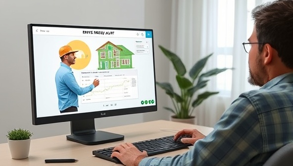 A digital visualization of a remote energy audit in progress, with a virtual energy auditor conducting a detailed analysis of a property's energy usage patterns on a computer screen, while the property owner looks on with interest, highlighting the convenience and efficiency of EnerCheck Solutions' remote services.