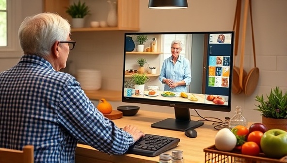 An inviting virtual kitchen setup with a senior participant following along with a cooking instructor on a computer screen, surrounded by fresh ingredients and utensils, exuding a cozy and educational atmosphere for older adults to explore culinary delights from the comfort of their homes.