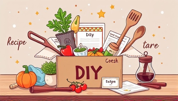 A visually appealing digital illustration featuring a beautifully designed DIY food subscription box filled with fresh ingredients, recipe cards, and kitchen tools, evoking a sense of excitement and creativity for home cooks and food enthusiasts.
