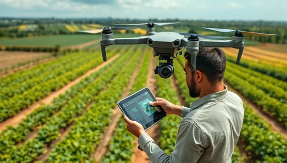 A drone flying over lush farmland, capturing high-resolution images of crops and soil, with a farmer analyzing the data on a tablet, highlighting the efficiency and precision of agricultural drone services in modern farming practices.