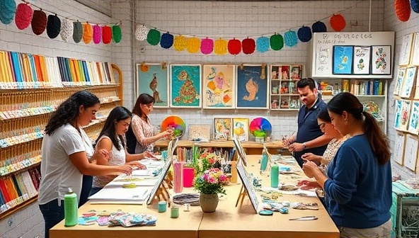 A vibrant craft studio with colorful art supplies, customers engaged in DIY projects, participants placing bets on crafted creations, a skilled instructor guiding a workshop session, creating a lively and creative atmosphere within the DIY betting workshop and studio.