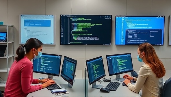 A virtual coding lab environment with mentors assisting mentees in coding projects, debugging code, and discussing programming concepts on digital screens, creating a collaborative and supportive atmosphere for coding mentorship and skill-building.