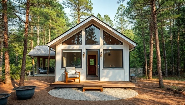 An idyllic tiny house set against a backdrop of nature, featuring minimalist architecture, large windows for natural light, and a small outdoor deck, embodying the charm and simplicity of tiny house living.