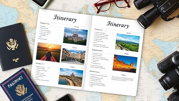 A beautifully designed travel itinerary booklet featuring vibrant destination images and detailed daily schedules, surrounded by travel essentials like a passport, camera, and map, symbolizing the personalized and curated travel experiences offered by WanderCrafters.