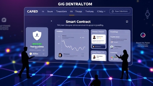 An innovative image of a decentralized gig platform interface powered by blockchain technology, featuring secure transactions, transparent reviews, and smart contract functionalities, highlighting the platform's reliability and efficiency for freelancers and clients alike.